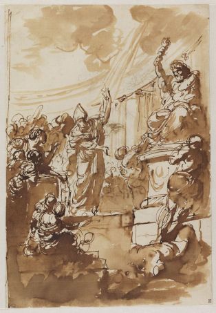 Saint Évêque détruisant les idoles ; Trois études avec un groupe de figures implorant (verso)