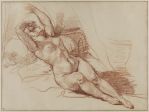 Femme nue allongée, adossée à un coussin, les bras levés