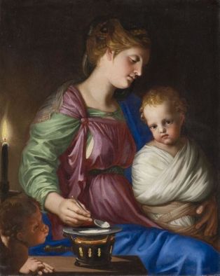 La Vierge donnant la bouillie à l'enfant Jésus, avec un angelot soufflant sur le réchaud