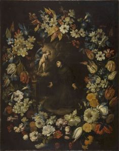 Jésus apparaissant à saint Antoine de Padoue, dans une couronne de fleurs