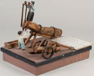 Le trinqueballe ou triqueballle appareil de manutention de chantier forestier/les scieurs de long ; © photographe du musée