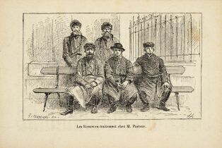 Les Russes en traitement chez M. Pasteur. (titre inscrit) ; LE TRIPLE ALMANACH / MATHIEU (DE LA DROME) / INDICATEUR DU TEMPS / POUR / 1887 : illustration de la page 87 (titre factice) ; © Essy Erfani