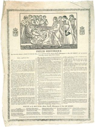 PRÉCIS HISTORIQUE / De l'horrible attentat, commis le 13 février 1820, sur la personne de Son Altesse Royale Monseigneur le Duc DE BERRY, par un monstre / exécrable, nommé Louis-Pierre Louvel (titre inscrit)