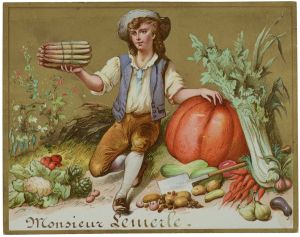 Monsieur Lemerle (titre inscrit) ; Homme assis au milieu de légumes, tenant des asperges / Une figure, format vertical (titre factice)