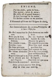 LE VÉRITABLE / ALMANACH / NOUVEAU, / Journalier, historique & prophétique ; / DE PIERRE LARRIVAY. / POUR L'ANNÉE 1807. / Avec quelques Anecdotes curieuses. (titre inscrit)