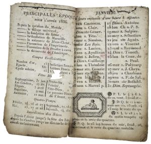 LE VÉRITABLE / ALMANACH / NOUVEAU, / JOURNALIER, HISTORIQUE ET / PROPHÉTIQUE / DE PIERRE L'ARRIVAY, / POUR L'ANNÉE BISSEXTILE 1836. / Avec les foires du Languedoc et du Dauphiné. (titre inscrit)