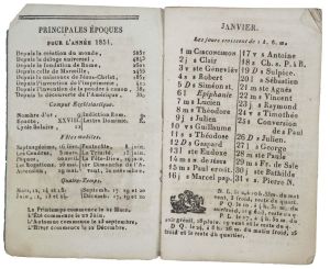 LE VÉRITABLE / ALMANACH / NOUVEAU, / JOURNALIER, HISTORIQUE ET PROPHÉTIQUE / DE PIERRE LARRIVAY, / POUR L'ANNÉE DE GRACE 1851. / Avec les foires [...] et Aveyron. (titre inscrit)