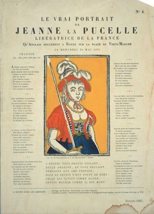 LE VRAI PORTRAIT / DE / JEANNE LA PUCELLE / LIBÉRATRICE DE LA FRANCE / QU'ANGLAIS BRULÈRENT A ROUEN SUR LA PLACE DU VIEUX-MARCHÉ / LE MERCREDI 30 MAI 1431 N° 4. (titre inscrit)