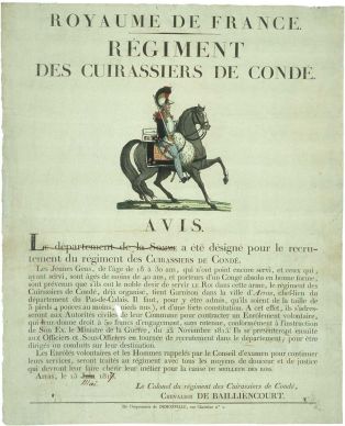 ROYAUME DE FRANCE. / RÉGIMENT / DES CUIRASSIERS DE CONDÉ. / AVIS. (titre inscrit)