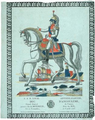 S. A. R. LOUIS ANTOINE-D’ARTOIS, / DUC D'ANGOULÊME / Grand Amiral de France / premier fils de MONSIEUR, frère du ROI / Né à Versailles, le 6 août 1775 (titre inscrit)