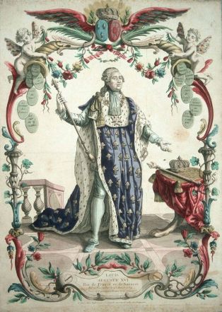 LOUIS / AUGUSTE XVI / Roi de France et de Navarre / Né a Versailles le 23 Aoust 1754. / Sacré et Couronne a Reims le 11 Juin 1775. (titre inscrit)