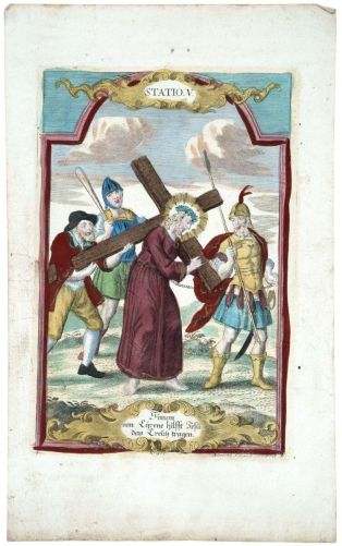 Simon aide Jésus à porter la croix (titre factice) ; STATIO. V./ Simon / von Enrene hilfft Jesu / das Creuss tragen. N° 405. (titre inscrit all.)
