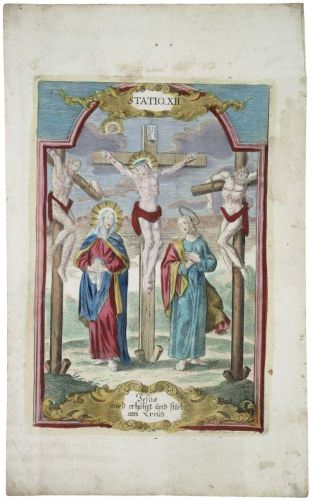 Jésus crucifié entre les deux larrons (titre factice) ; STATIO. XII./Jesus/wird erhöhet und stirbt/am Creuss. N° 412. (titre inscrit all.)