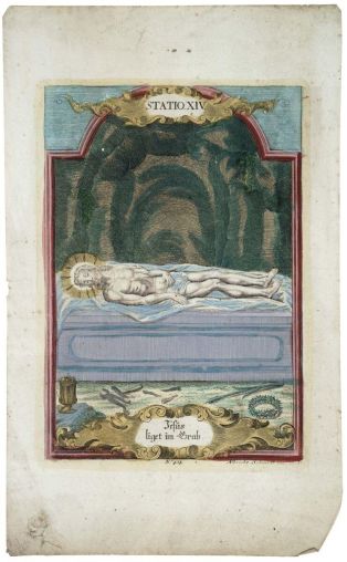 Jésus mort dans son tombeau (titre factice) STATIO. XIV. / Jesus / liget im Brab. N° 414. (titre inscrit all.)