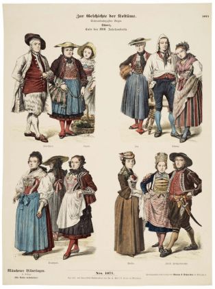 Kurz Geschichte der Kostüme. / Schweiz. / Ende des XVIII. Jahrhunderts. 1071 (titre inscrit all.) ; Histoire du costume. Suisse. Fin du 18e siècle (titre traduit) ; © Essy Erfani