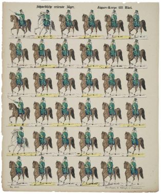 Schwedische reitende Jäger. / No. 9523. (titre inscrit, all., suédois) ; chasseurs à cheval suédois (titre traduit) ; © H. Rouyer