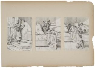 trois vignettes illustrant l'histoire du petit Chaperon rouge : Petit Chaperon arrive chez sa grand-mère (titre factice) ; © Essy Erfani