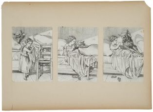 trois vignettes illustrant l'histoire du petit Chaperon rouge : Petit Chaperon dans le lit de sa grand-mère (titre factice) ; © Essy Erfani