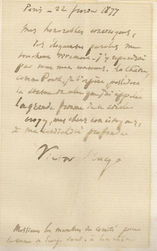 Lettre autographe de Victor Hugo aux membres du comité pour la statue de George Sand à La Châtre ; © Collections musée George Sand et de la Vallée Noire