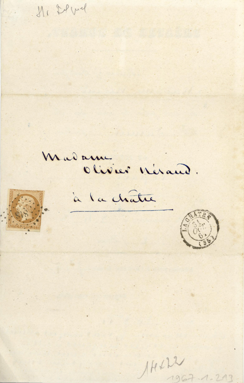 Invitation envoyée à Mme Valérie-Brigitte-Pélagie Néraud POUR la représentation théâtrale de Le Pavé donnée à Nohant (Indre).