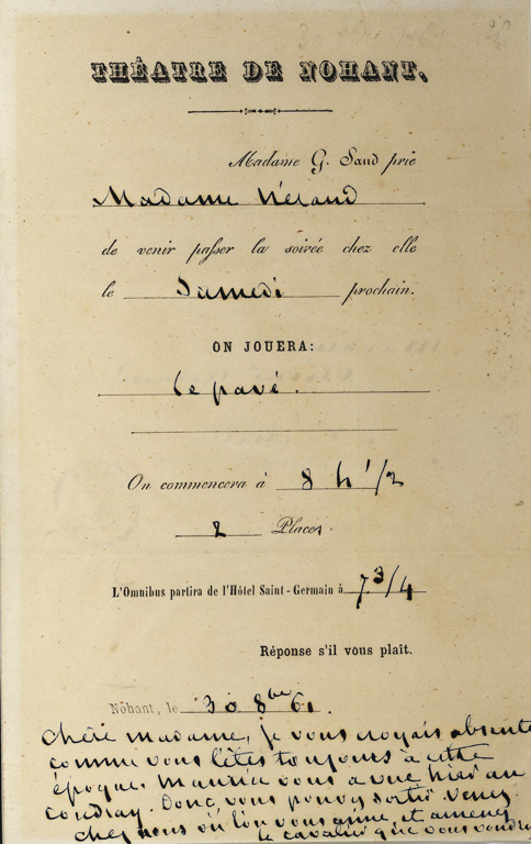 Invitation envoyée à Mme Valérie-Brigitte-Pélagie Néraud POUR la représentation théâtrale de Le Pavé donnée à Nohant (Indre).