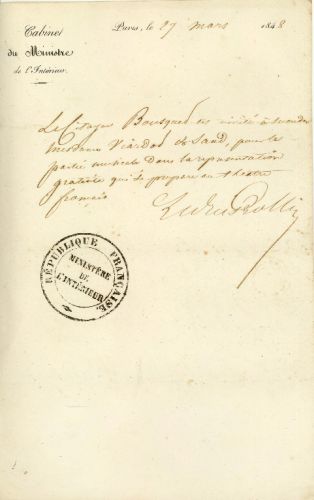 Lettre autographe signée de Alexandre-Auguste LEDRU-ROLLIN à Bousquet ; © Collections musée George Sand et de la Vallée Noire