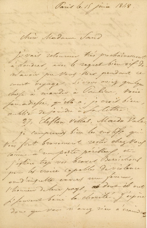 Lettre autographe signée de Louis Viardot à George Sand