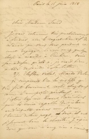 Lettre autographe signée de Louis Viardot à George Sand ; © Collections musée George Sand et de la Vallée Noire