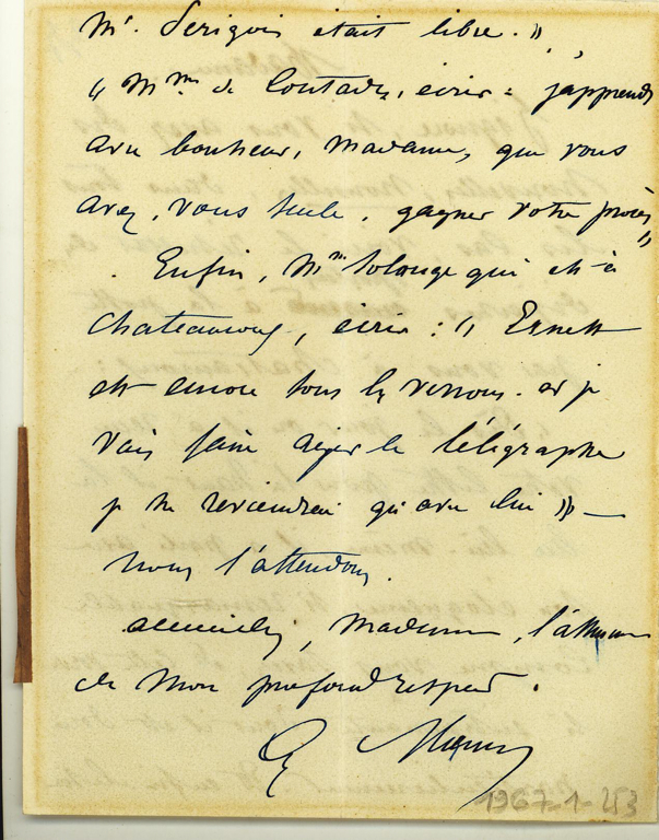 Lettre autographe signée du graveur Alexandre Manceau à Angèle NERAUD (épouse PERIGOIS) ou Mme WILLO ?
