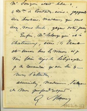 Lettre autographe signée du graveur Alexandre Manceau à Angèle NERAUD (épouse PERIGOIS) ou Mme WILLO ? ; © Collections musée George Sand et de la Vallée Noire