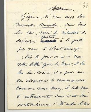 Lettre autographe signée du graveur Alexandre Manceau à Angèle NERAUD (épouse PERIGOIS) ou Mme WILLO ? ; © Collections musée George Sand et de la Vallée Noire