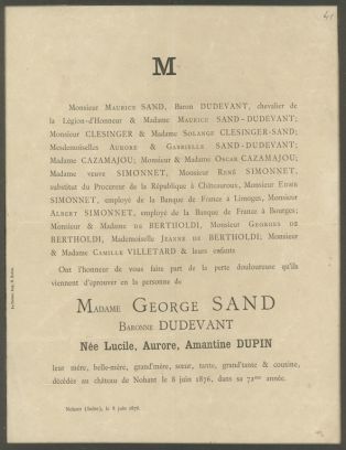 Faire-part de décès de George SAND ; © Collections musée George Sand et de la Vallée Noire