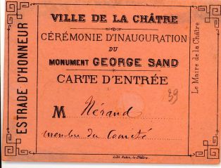 Carte d’entrée à la cérémonie d’inauguration du monument GEORGE SAND à La Châtre (Indre) ; © Collections musée George Sand et de la Vallée Noire