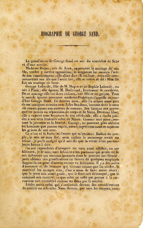 Une Contemporaine. Biographie et intrigues de George SAND, avec une lettre d'elle et une de M. Dudevant ; par Brault.