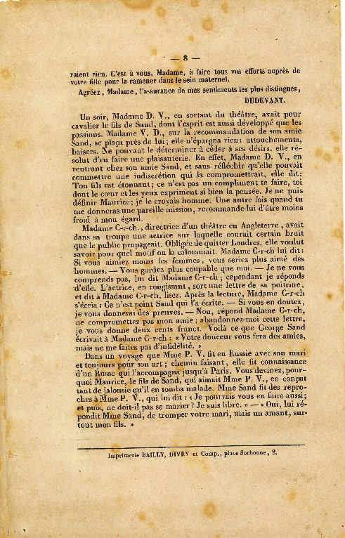 Une Contemporaine. Biographie et intrigues de George SAND, avec une lettre d'elle et une de M. Dudevant ; par Brault.