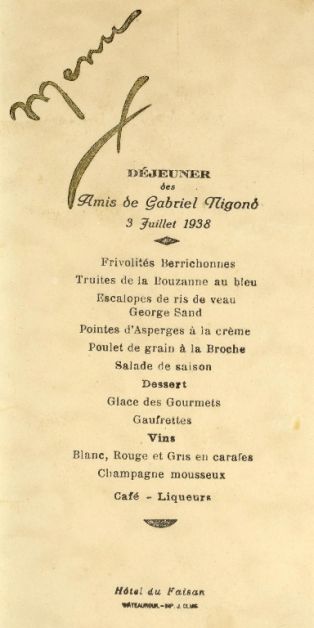 Menu du déjeuner des Amis de Gabriel NIGOND ; © Collections musée George Sand et de la Vallée Noire