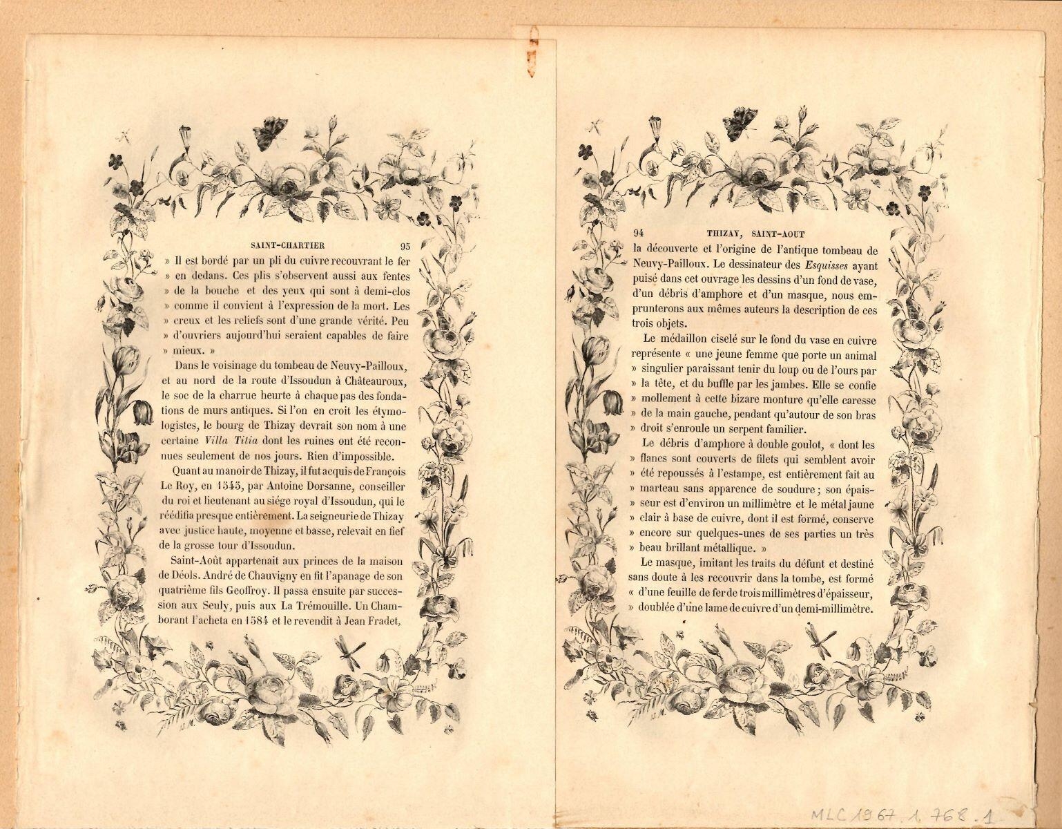 Textes et gravures des “esquisses pittoresques de l’Indre”. Thizay, St Août, St Chartier