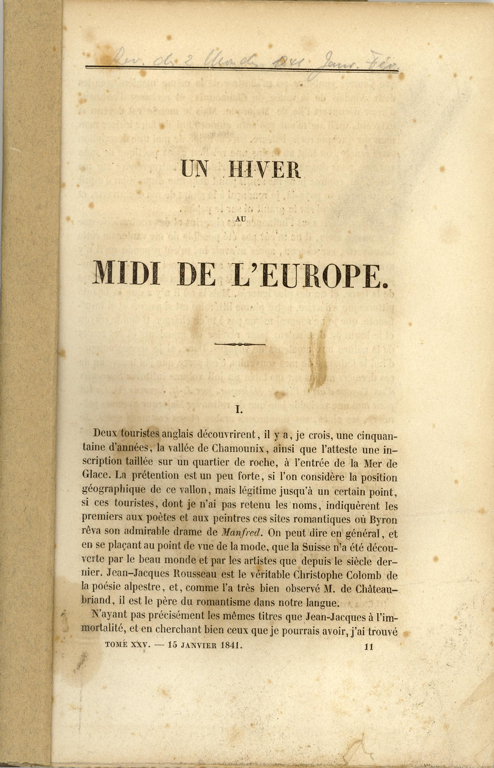 Un Hiver au midi de l’Europe, tome 25, période initiale, quatrième série, Revue des deux Mondes, 15 janvier 1841, 31 janvier 1841