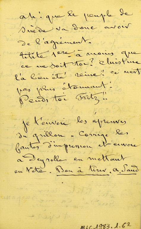 Lettre autographe signée de Maurice DUDEVANT-SAND à Aurore SAND