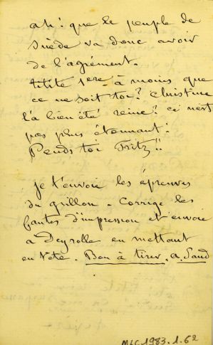Lettre autographe signée de Maurice DUDEVANT-SAND à Aurore SAND ; © Collections musée George Sand et de la Vallée Noire