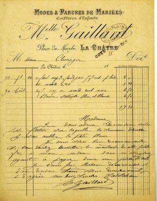 Facture à Mme Clésinger “Melle GAILLARD” Place du marché à La Châtre ; © Collections musée George Sand et de la Vallée Noire