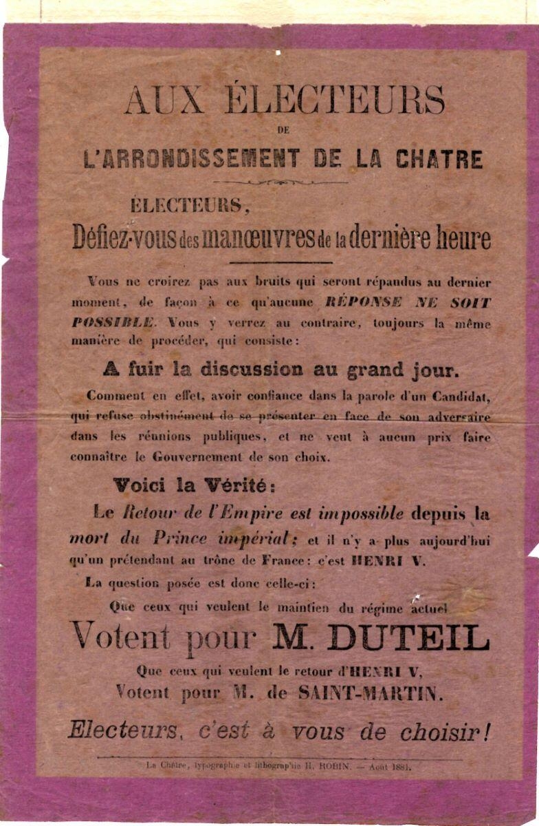 Aux électeurs. L’Arrondissement de La Châtre. Votent pour M.Duteil