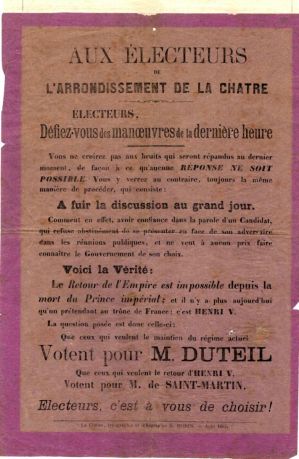 Aux électeurs. L’Arrondissement de La Châtre. Votent pour M.Duteil ; © Collections musée George Sand et de la Vallée Noire