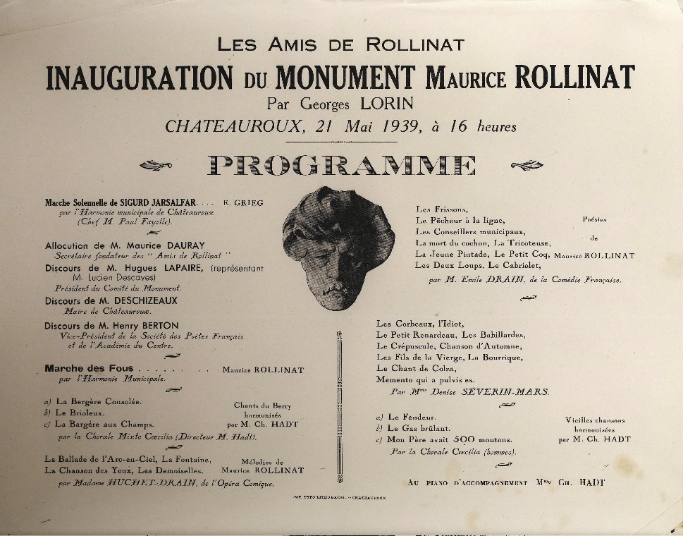 Programme pour l’inauguration du monument Maurice ROLLINAT à Châteauroux (titre factice)