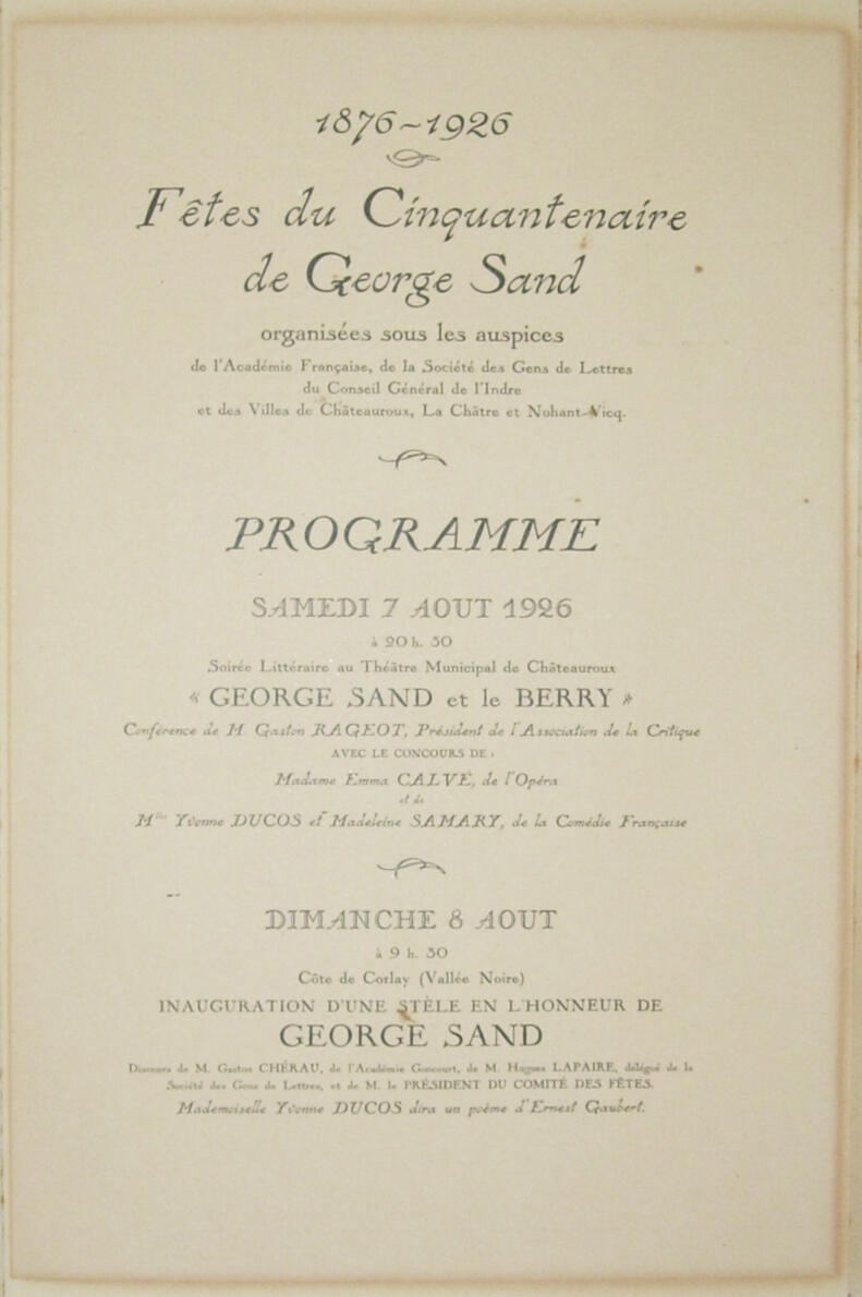 Programme de la Fête du cinquantenaire de George SAND 1876-1926