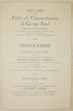Programme de la Fête du cinquantenaire de George SAND 1876-1926 ; © Collections musée George Sand et de la Vallée Noire