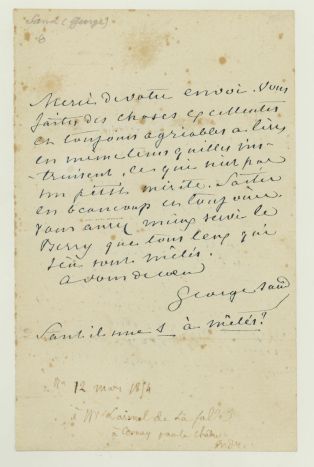 Lettre autographe signée de George SAND à Alfred Laisnel de la Salle ; © Collections musée George Sand et de la Vallée Noire