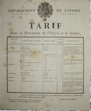 Département de l’Indre - Tarif pour la Perception de l’Octroi de La Châtre ; © Collections musée George Sand et de la Vallée Noire