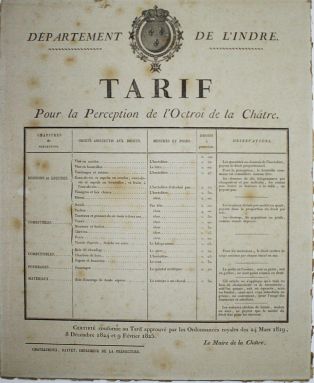 Département de l’Indre - Tarif pour la Perception de l’Octroi de La Châtre ; © Collections musée George Sand et de la Vallée Noire