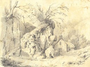 Chemin escarpé avec chapelle, calvaire et jeune femme lisant (titre factice) ; © Collections musée George Sand et de la Vallée Noire